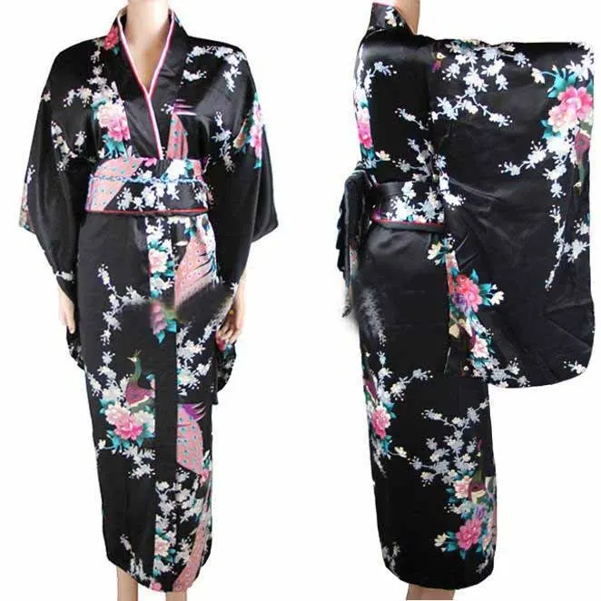 Новое поступление черное винтажное японское женское кимоно Haori Yukata шелковое атласное платье Mujeres Quimono Peafowl один размер H0030