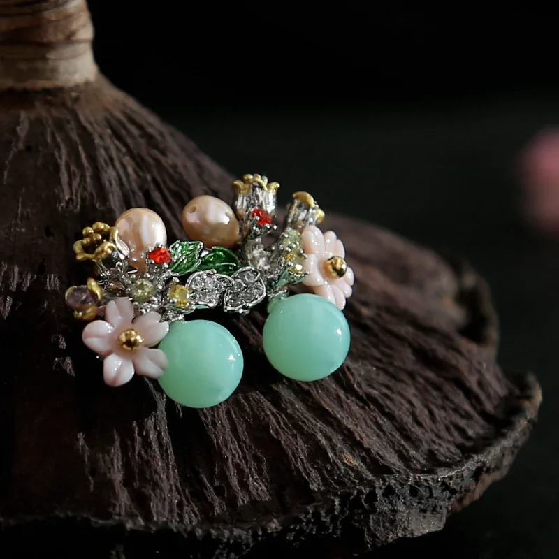 

semi-precious stones Australian natural jade pure and fresh quietly elegant flower earrings accessories wholesale