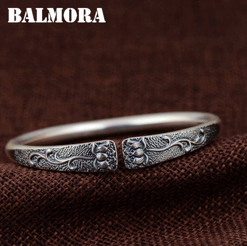 

BALMORA 990 Pure Silver Lotus Flower Open Bangles for Women Mother Gift about 18cm Bracelet Jewelry Accessories Esposas SZ0510