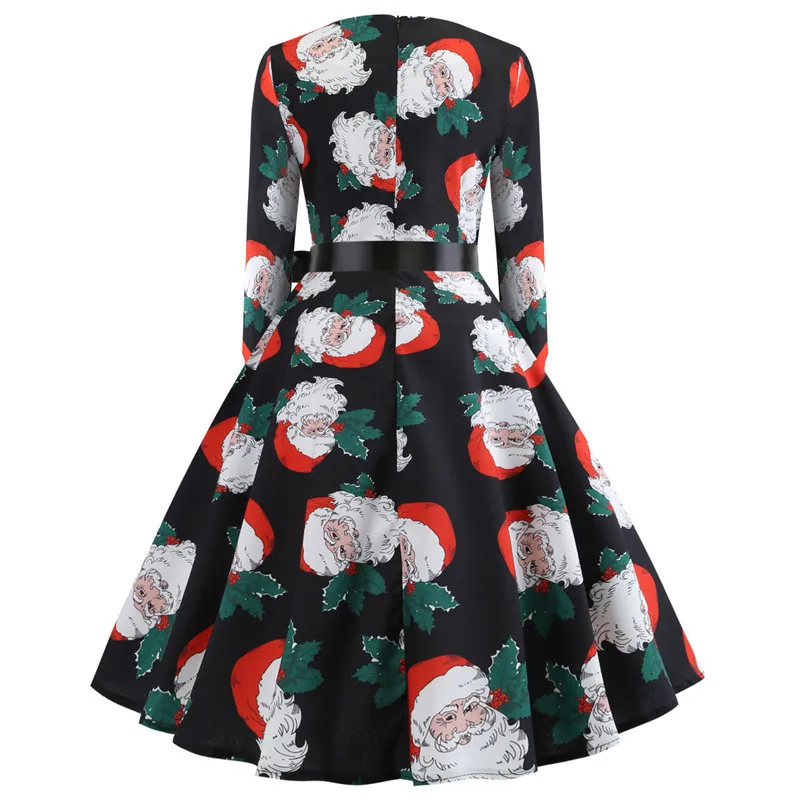 Kostlich Christmas Elegant Swing Rockabilly Dresses O-Neck Long Sleeve Women Dress With Sashes Audrey Hepburn 50s Vintage Dress  (46)