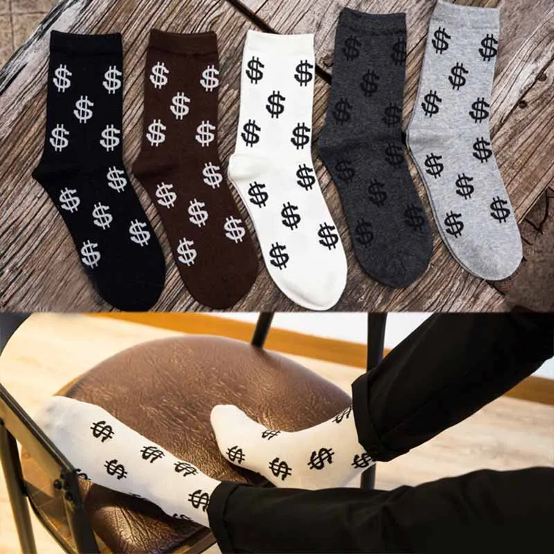 

Fashion Spring Autumn Men Socks Dollar Symbol Printed Comfortable Breathable Absorb Sweat Anti-slip Man Middle Long Sock NGD88