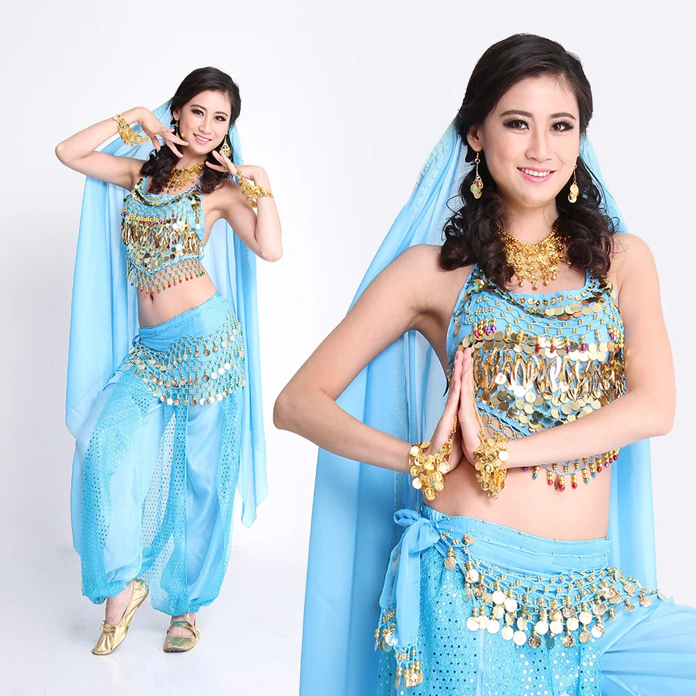 

2018 Belly Dance Indian Bollywood Dance Costumes for Women in Belly Dance Wear Top Pant Belt Veil for Women Competition 4 Colors