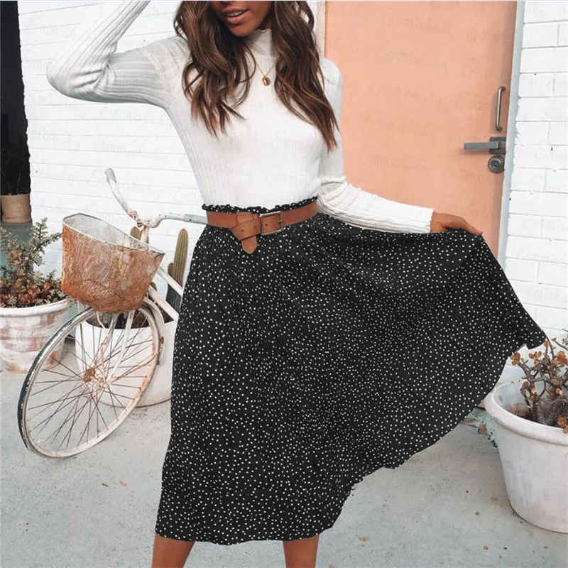 Vintage Women Polka Dot Skirt 2018 Summer New Fashion High Waist Flared Swing High Split Pleated Mid-Calf Skirt S-XL Vintage Women Polka Dot Skirt 2018 Summer New Fashion High Waist Flared Swing High Split Pleated Mid-Calf Skirt S-XL