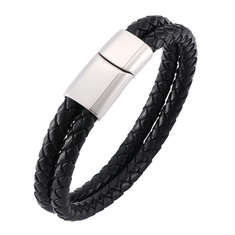 

Fashion Jewelry Men Double Layer Braided Leather Bracelet Trendy Stainless Steel Magnetic Clasp Simple Bracelets Bangles SP0116