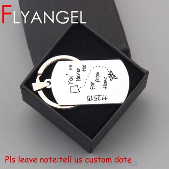 

FLYANGEL Personalized Date Distance Love Keychain Engraved Keyring You're Never Too Far From Home Car Key Tag Gifts For Lover
