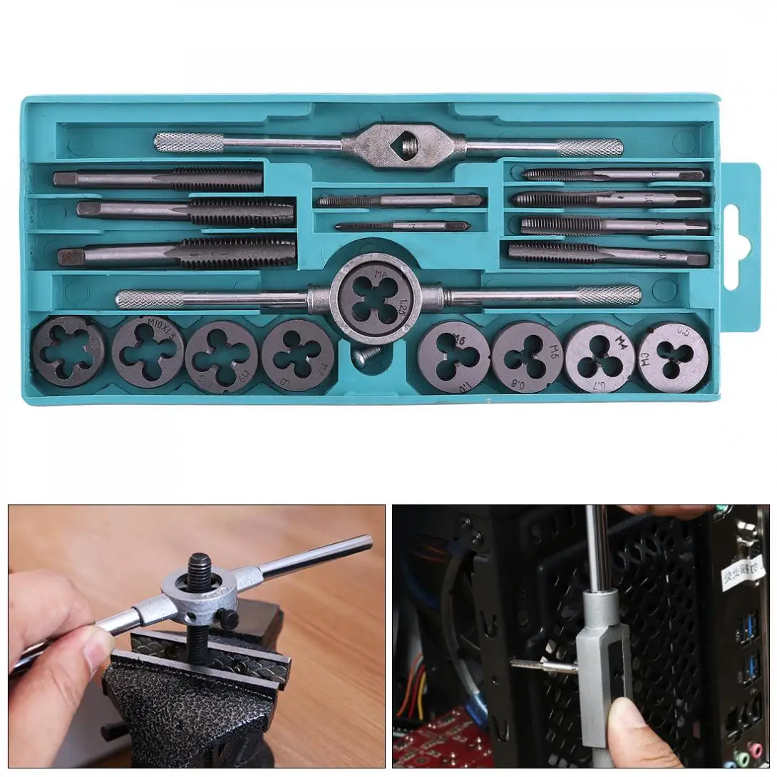 20pcs Alloy Steel Tap & Die Set with Small Tap Twisted Hand and 1/16-1/2 Inch NC Thread Plugs Taps Hand Screw Taps