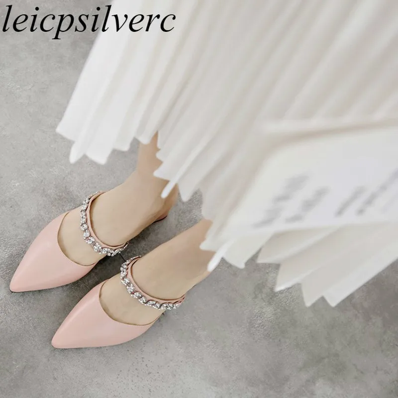 

Women Slippers Mules Shoes Med Heel Pu Pointed Toe Thick Heel Upper Crystal 2019 Outside Casual New Sexy Fashion Big Size 34-47