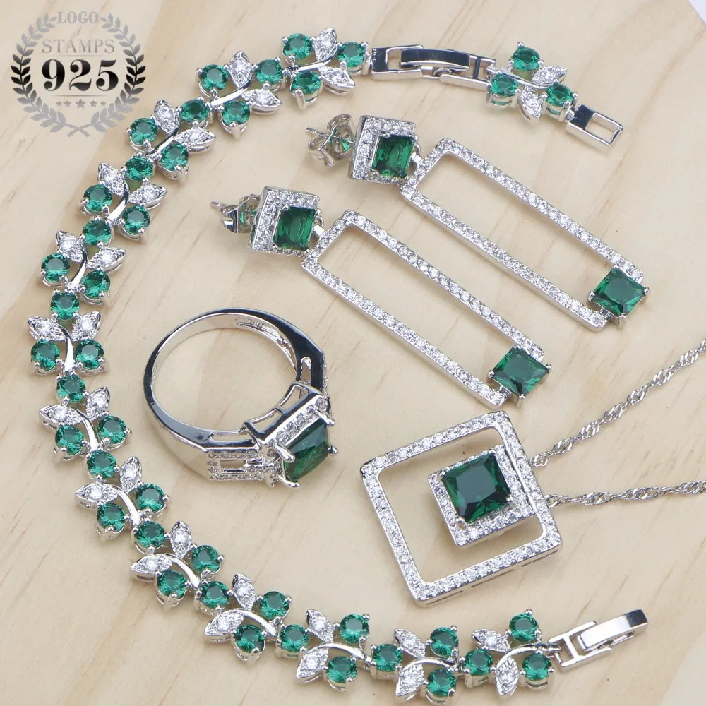 

Green Cubic Zirconia Costume Jewelry Sets Bridal Silver 925 Jewelry Earrings For Women Ring Bracelet Pendant Necklace Set Gifts