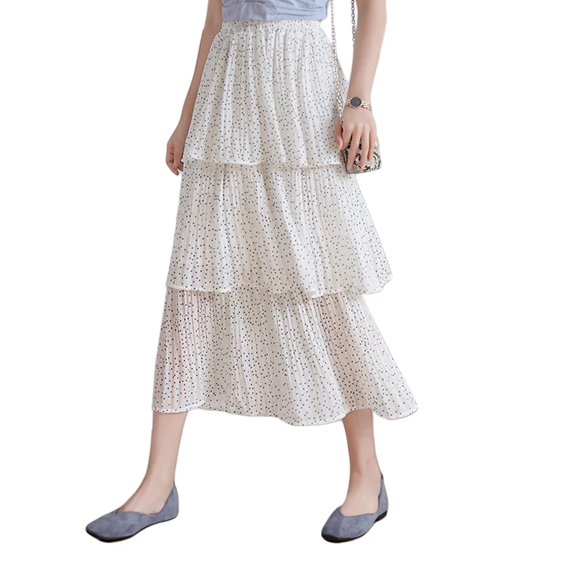 

Cake Layered Long Skirt Chiffon Ladies Summer High Waist Multi-level Mid-calf Crepe Pleated Dot Skirts Ruffled Vintage Tiered