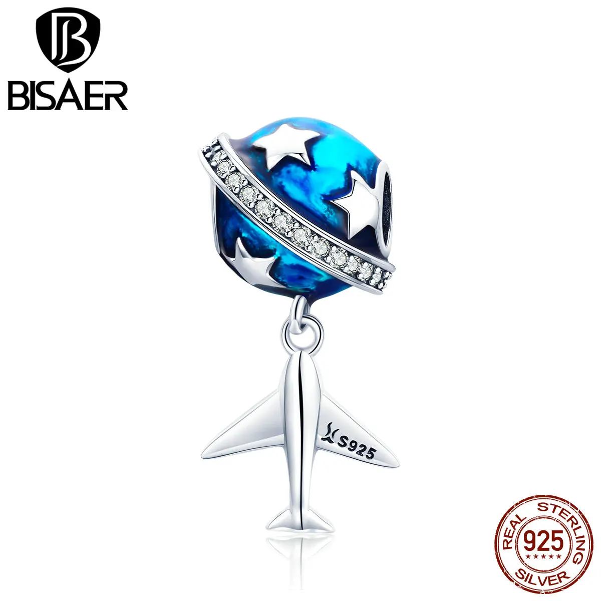 BISAER Лидер продаж 925 пробы серебряный самолет мечты Синий Эмаль Звезда талисманы бусины подходят браслеты DIY серебро 925 ювелирные изделия ECC887