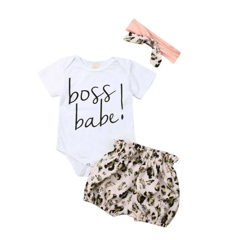 Summer 3Pcs Infant Baby Girl Clothes Tops Romper Leopard Print Shorts Headband Newborn Outfit Casual Girls Clothing Set 0-24M |
