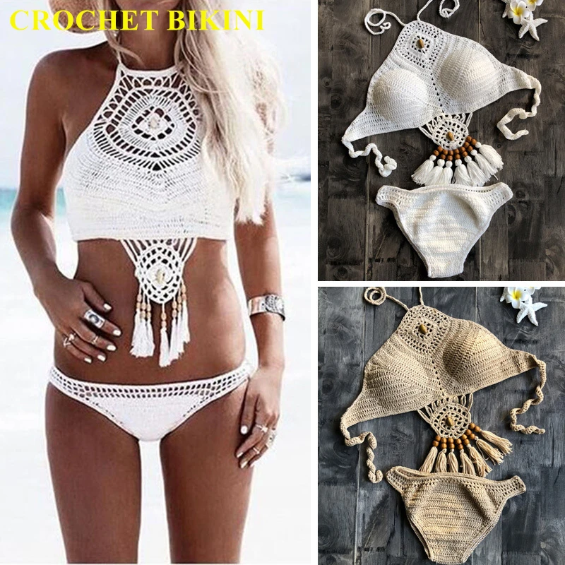 

CROCHET BIKINI 2019 New Summer Women Solid Set Sexy Halter Tie Bra Swimsuit Swimwear Triangle Bather Suit Swimming Biquini