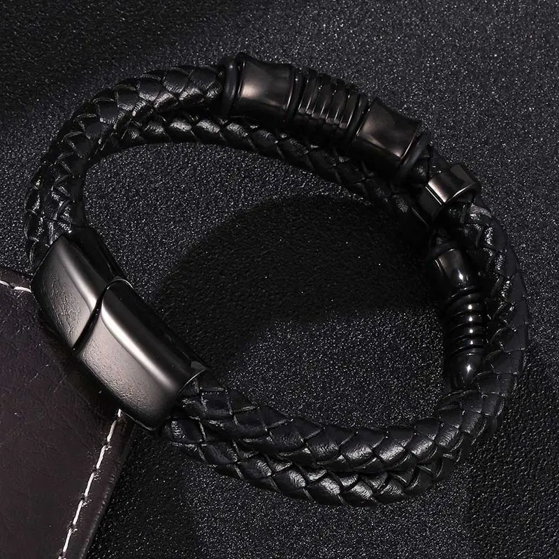 Панк Плетеный Кожаный веревочный браслет для мужчин ювелирные изделия черный нержавеющая сталь застежка браслет модные браслеты персонализированные подарки PH518