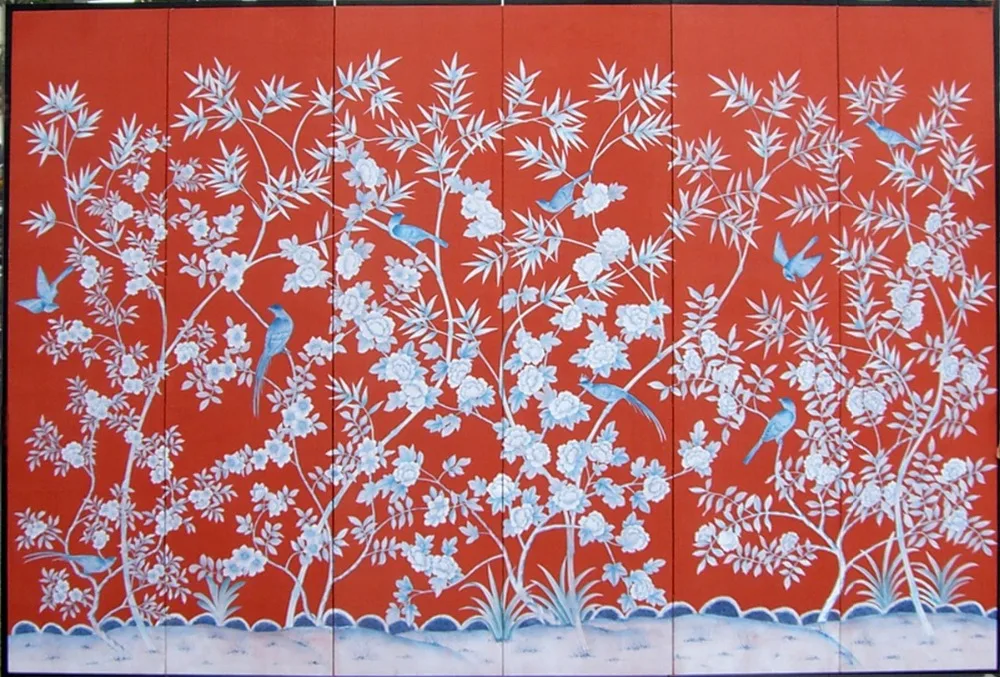 

Classic Hand-painted silk wallpaper painting flowers with birds and bamboo wallcovering many patterns and background optional