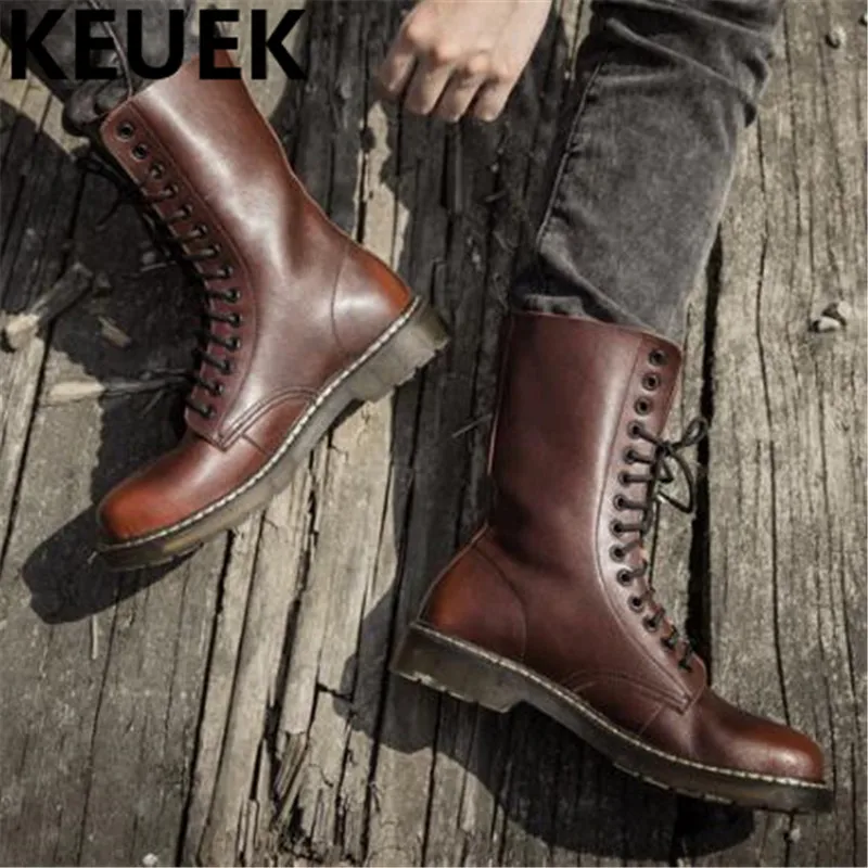Big size Vintage Men Mid-Calf Army boots Lace-Up Genuine leather Motorcycle boots Non-slip Wear-resistant Outdoor work boots 3A