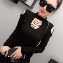 Весенние сексуальные тонкие боди с длинным рукавом выдалбливают черные футболки женские бисерные рабочие футболки женские прозрачные драгоценные камни блестящие Топы