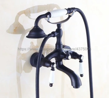 Black Oil Rubbed Brass Wall Mount Telephone Euro Bath Tub Faucet Mixer Tap w/ Handheld Spray Shower Ntf551 modern wall mount polished chrome brass bathroom clawfoot hand shower faucet mixer tap set telephone shape hand spray ana209