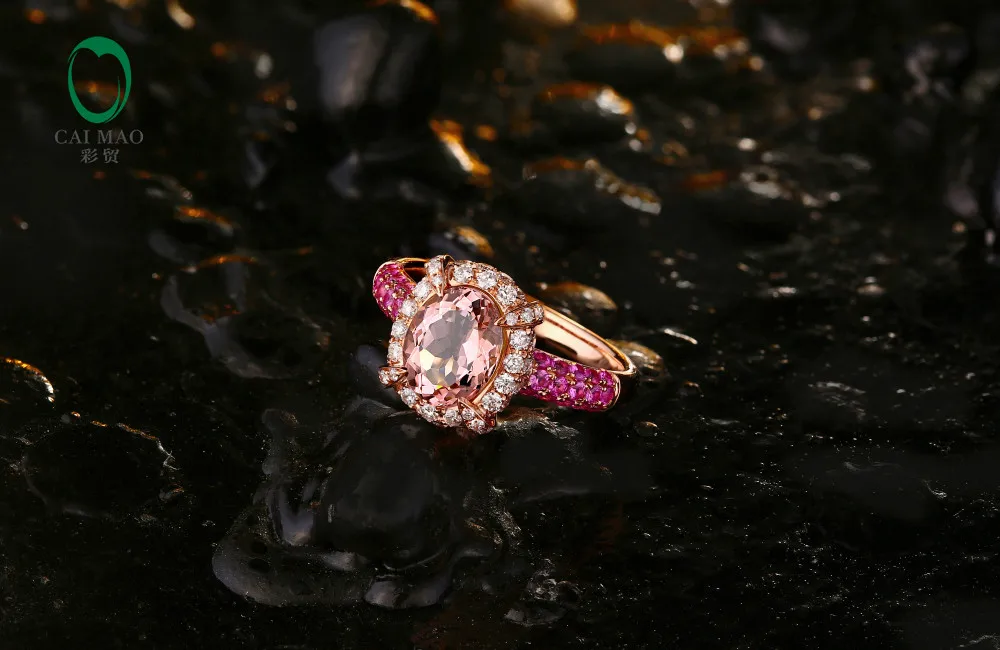 18 К розовое золото 1.79ct натуральный персиковый морганит 1.13ctw алмазов и розовыми сапфирами Engagment кольцо