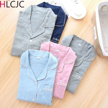

New Couple Simple Casual Pajamas Spring and Autumn Comfort Cotton Gauze Thin Men's Long-sleeved Solid Ladies Home Service Suit