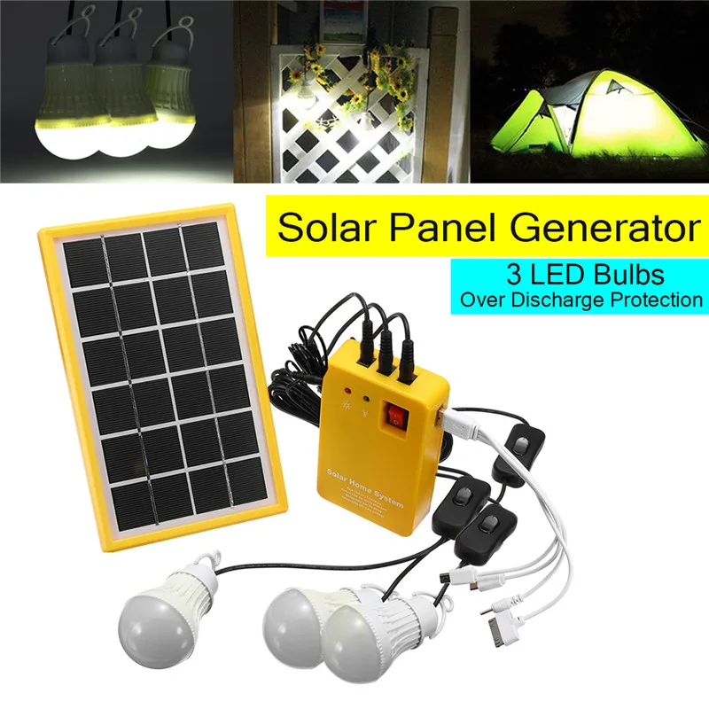 Baratos Cargador USB de 5 V, sistema de generador de Panel de energía Solar con 3 bombillas LED, iluminación interior exterior, protección contra descarga