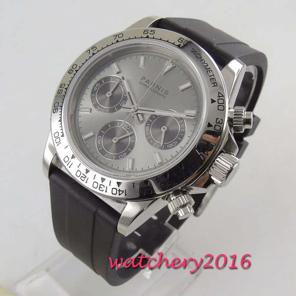 

new arrive 39mm PARNIS Grey dial quartz mens watch solid case full Chronograph