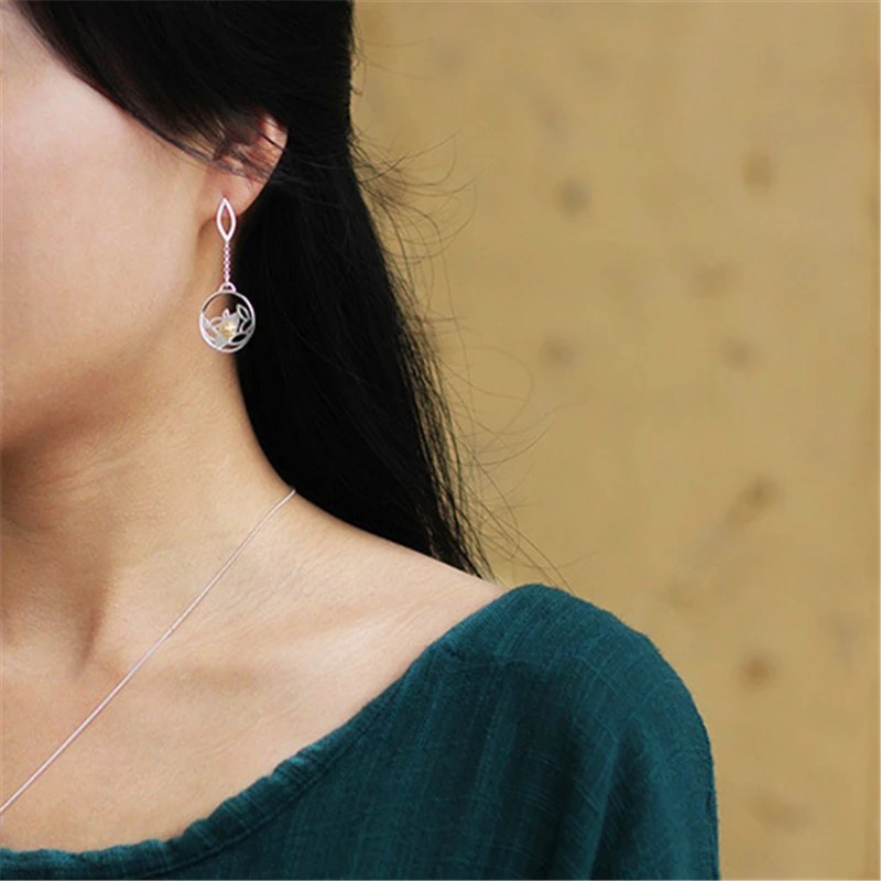 Lotus Fun Real 925 Sterling Silver Drop Dangle Earrings for Women Round Ladybug Beetle Tassel Earings Fine Jewelry Dropshipping