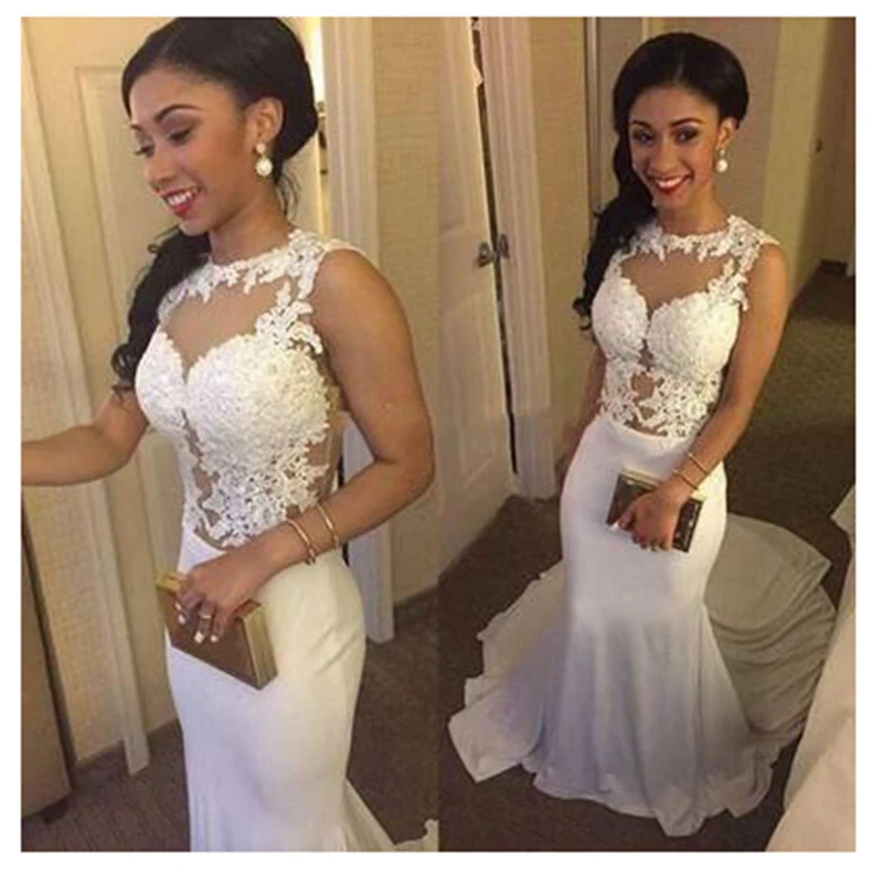 

Lakeydra Lace Mermaid Wedding Dresses White Satin O-Neck with Appliques Sleeveless Zipper Back Plus Size Trumpet Bridal Gowns