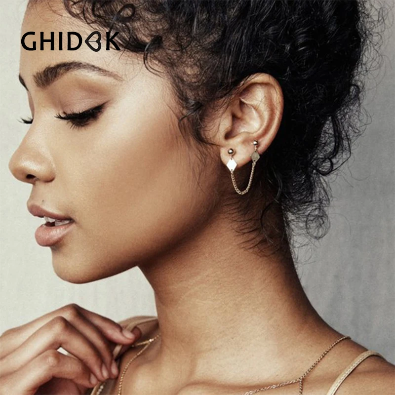 

GHIDBK 2018 Gold Color 4mm Ball Double Pin Chain Stud Earrings for Women Simple Earrings Gifts Minimalist Thin Chain Earrings