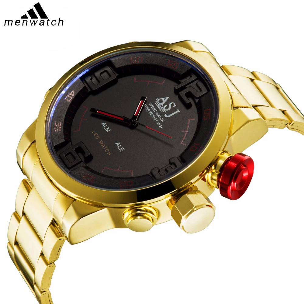 Мужские золотые модные повседневные спортивные часы будильник Дата Цифровые кварцевые часы с двойным дисплеем секундомер ремень