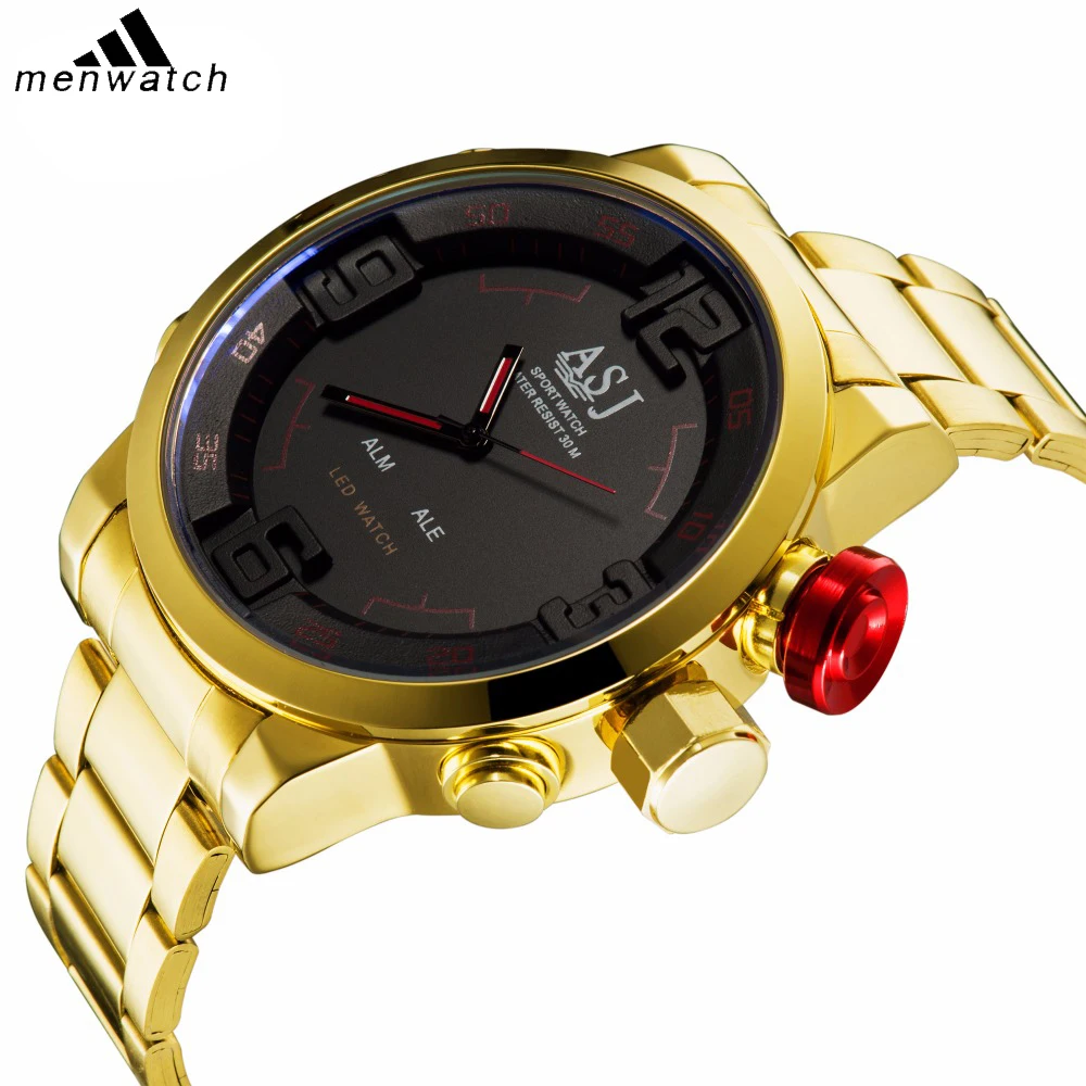 

Men Golden Fashion Casual Sport Watch Alarm Date Digital Quartz Watch Dual Display Stopwatch Strap LED Male Military Clock Army