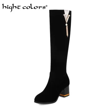 

Spring Autumn 2019 New Knee-length Boots Skinny Thick Heel Suede High Long Boots Winter Women's Rhinestone Shoes Black Red