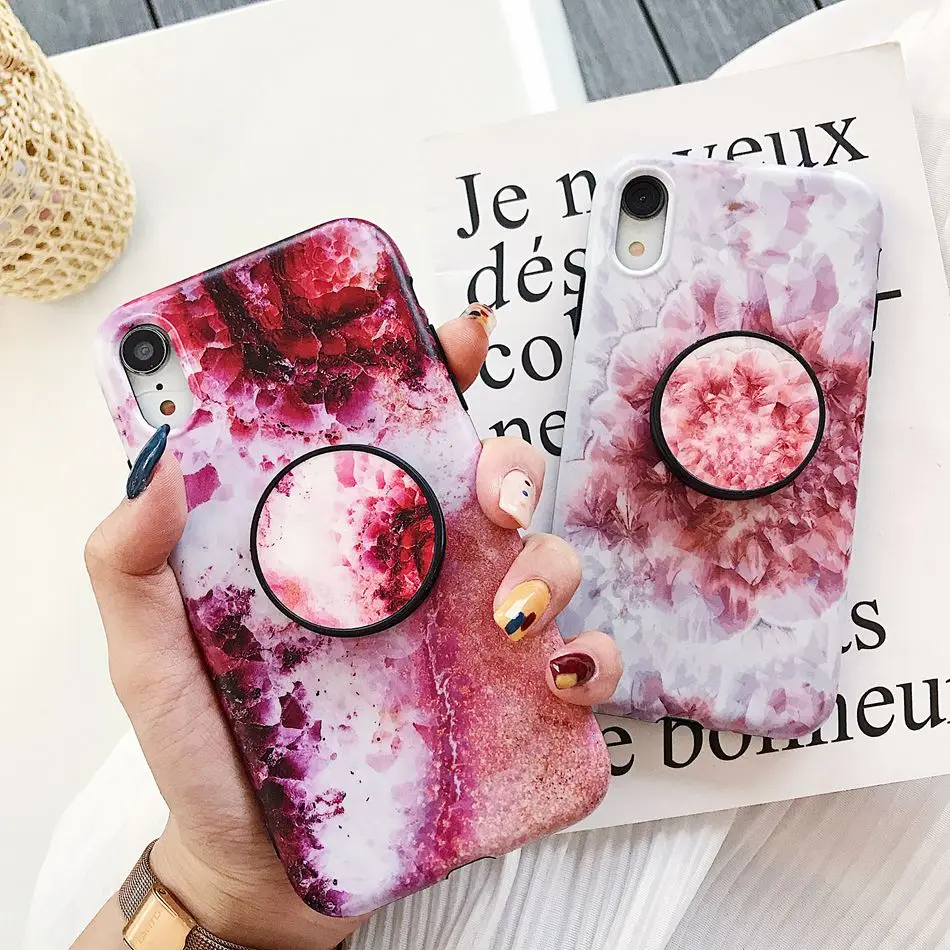

For iPhone 7 Plus XR X XS Max Case Flowing Red Marble Texture Folding Bracket Holder Cover For iPhone 8 6 6s Plus Soft TPU Coque