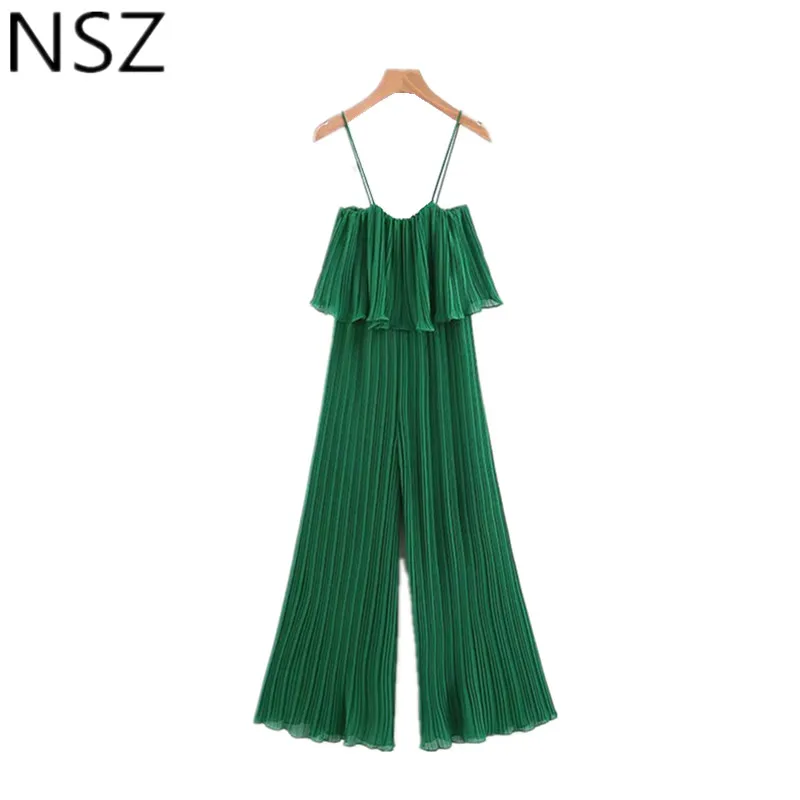 

NSZ Women Green Chiffon Jumpsuit Summer Pleated Ropers Ruffles Off Shoulder Sexy Sleeveless Overalls