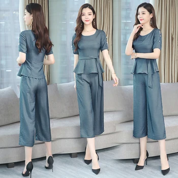 

Office Lady O-neck Summer Costumes For Women Regular Elegant Women's Summer Suit High Waist Lace Up Conjunto Feminino