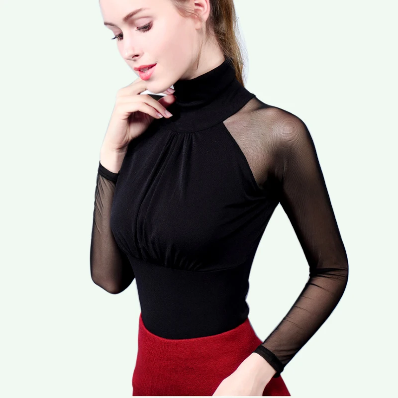

2019 new Spring Autumn Women Sexy Blouse Perspective Net Yarn Splicing High Collar Long Sleeve Shirt Female Fashion Tops A232