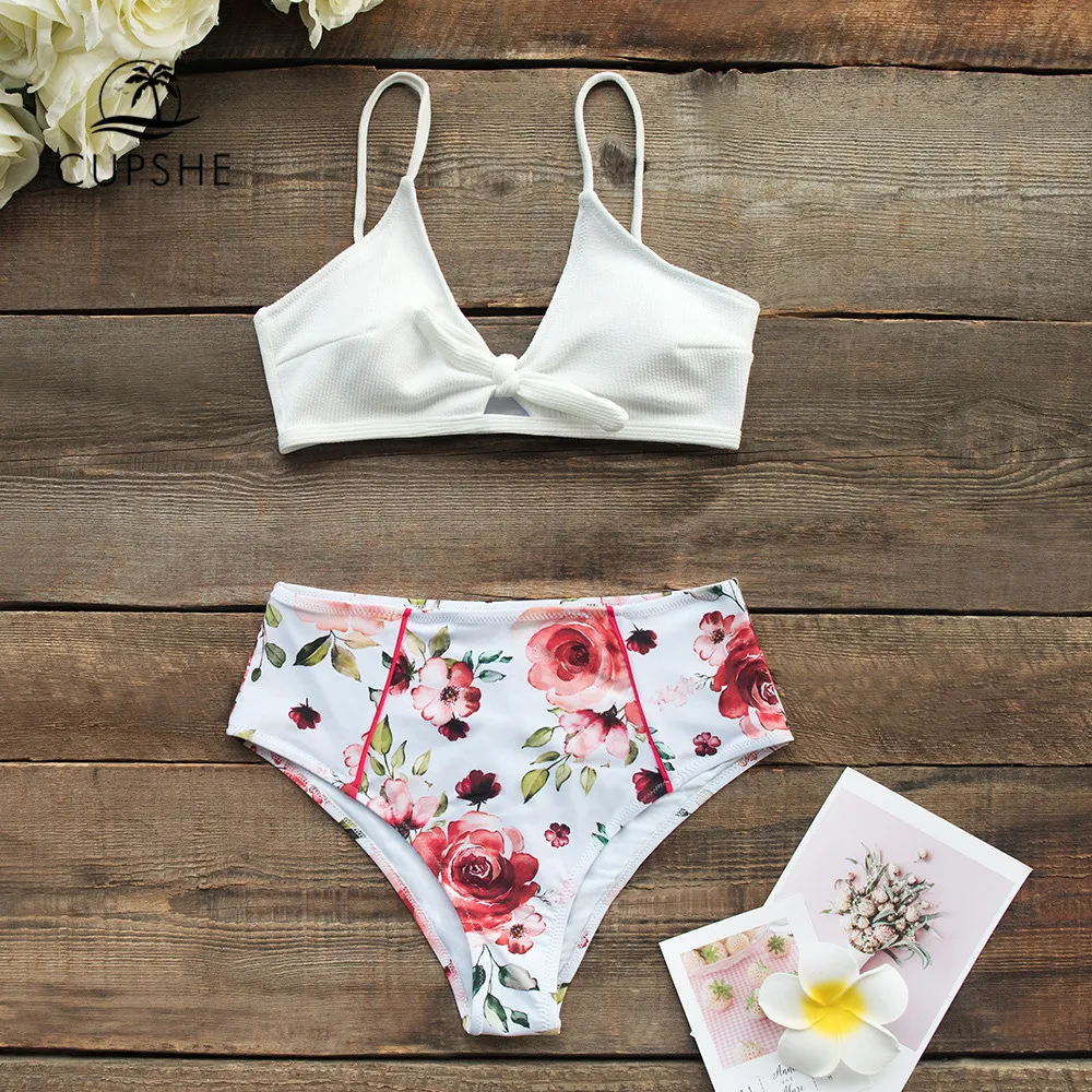 Kaufen CUPSHE Lvory und Rose Verknotet High Taille Bikini Sets Sexy Cut Out Badeanzug Zwei Stück Bademode Frauen 2019 Strand badeanzug