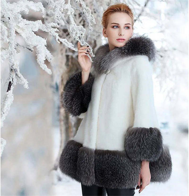 Новинка, Женское пальто из искусственного меха, осень и зима, норковая Меховая куртка с капюшоном, плюс размер, средняя длина, зимние женские меховые пальто, OKXGNZ2045