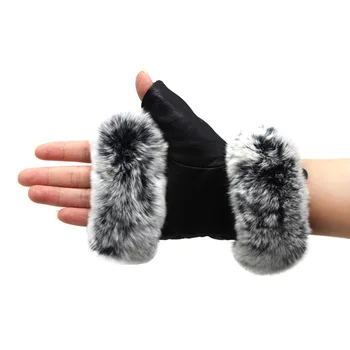 

2019 Fashion Black Half Finger Genuine Leather Gloves Sheep Skin Rabbit Fur Half Finger Fingerless Gloves Rabbit Fur Mouth