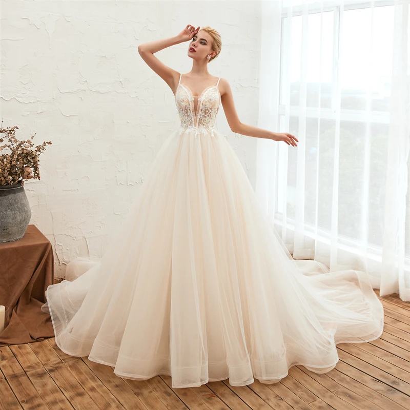 

Elegant Wedding Dresses 2019 Straps V Neck Applique Beaded cheap Wedding Gown Princess A Line Bridal Dress Vestidos de Festa