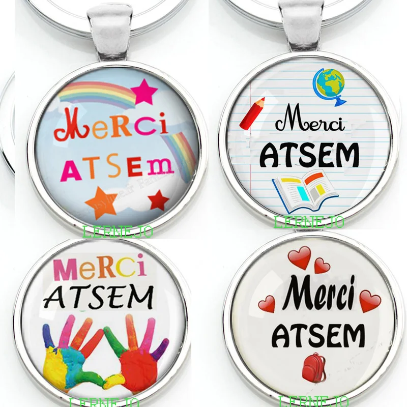 Брелок для ключей Merci ATSEM Porte-clés Porte-clefs Cabochon en verre Badge bonnes vacances Cadeau Une idée cadeau pour ATSE |