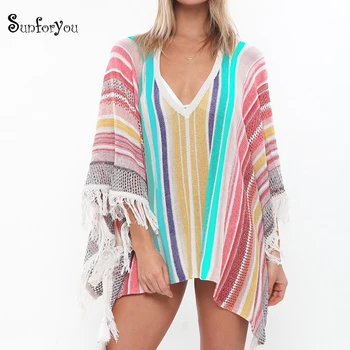 

Beach Cover up Plus size Knitted Bathing suit Cover ups Swimming suit for Women Kaftan Beach Robe Plage 2020 Beach Tunic