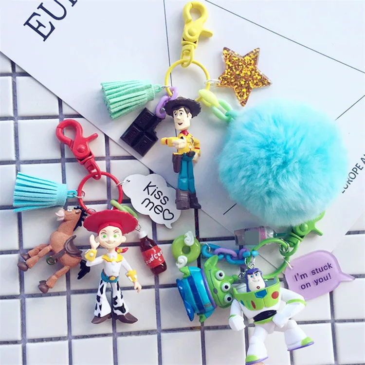 

Cute Buzz Lightyear Jessie Sheriff Woody PVC Action Figure Model Pompom Rabbit Fur Ball Keychain Key Ring Toy Kids Gifts