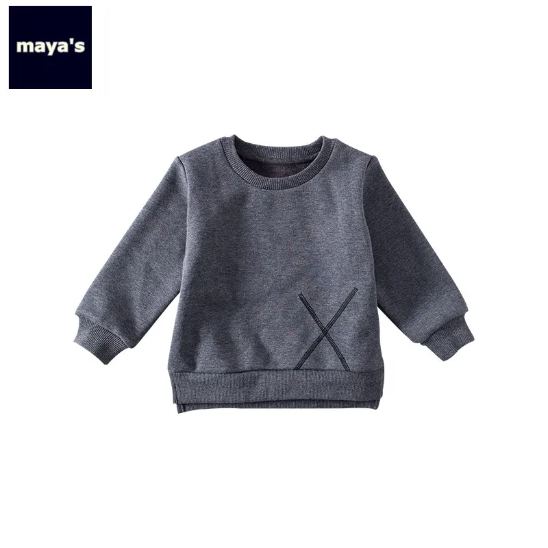 Mayas/серые Новые лоскутные осенние рубашки для мальчиков зимние Утепленные Повседневные детские топы с круглым вырезом, базовые свободные свитера, 84036