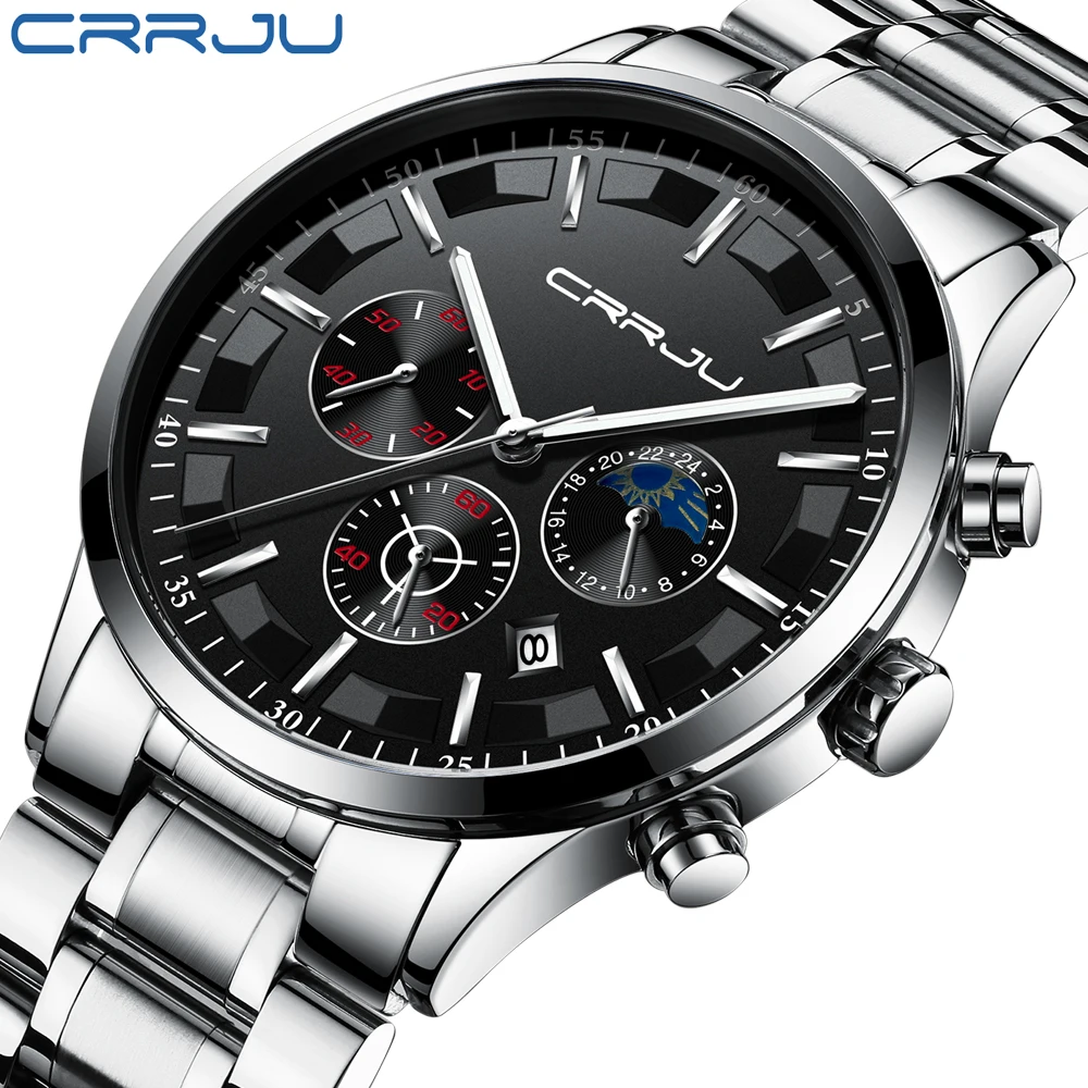 Новый CRRJU для мужчин новый бизнес Хронограф Дата дисплей часы роскошные нержавеющая сталь спортивные водонепроницаемые часы relogio masculino