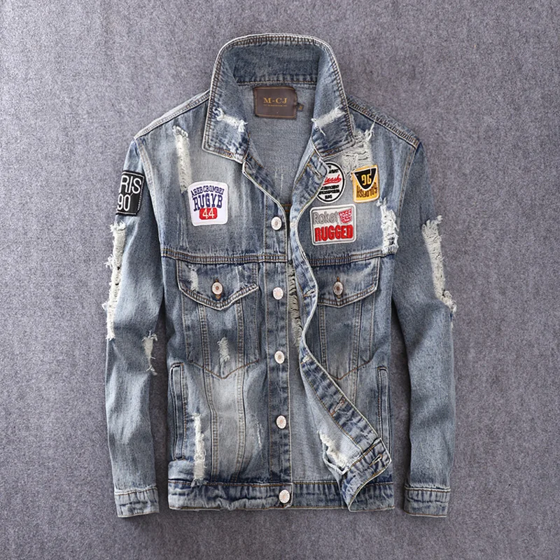 American Streetwear Fashion Men Jacket Blue Color Patches Spliced Cotton Coats Ripped Denim Jacket Men Hip Hop Jacket masculina