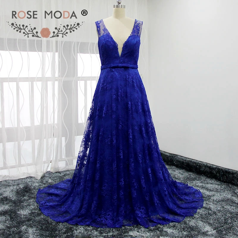 

Rose Moda Sexy Deep V Neck Royal Blue Lace Evening Dress Illusion Open Back Real Photos