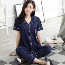Inplusni женский пижамный комплект корейская версия женская ночная рубашка хлопковый кардиган с коротким рукавом Брюки для отдыха Пижама