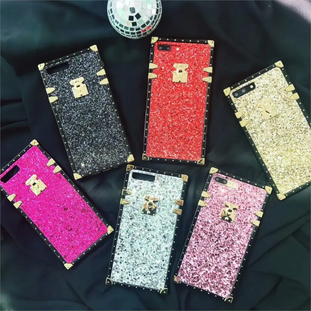 

Smartphone Case for iPhone 6 6s Silicone Bling Glitter for iPhone X 7 8 Plus Metal Style Fashion Square frame Case