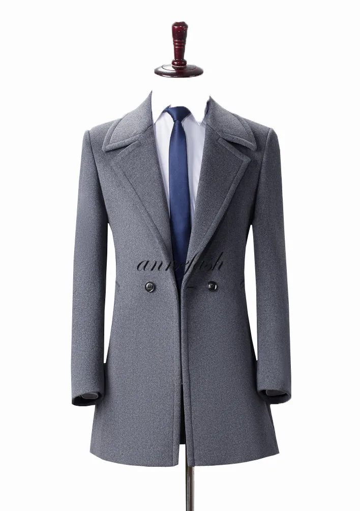 

Free shipping custom made men grey wool cashmere coat Slim fit casual longer jacket