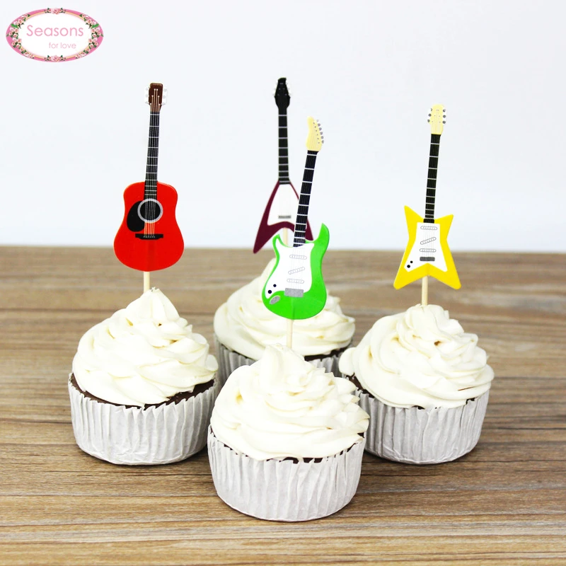 New 24pcs Guitar Design Cupcake Toppers Paper Cake Picks